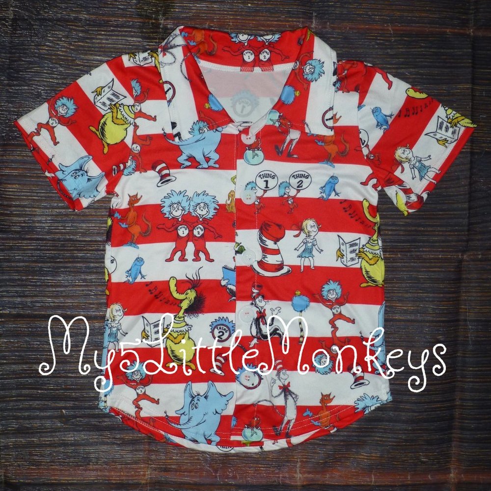 Boutique Dr Seuss Cat in the Hat Boy Short Sleeve Button Up Shirt